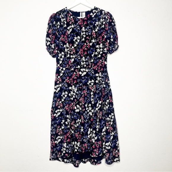 NWT Lewit Keyhole Puff Sleeve 100% Silk A-Line Dress Knee Length Navy Blue Dress - Picture 4 of 8